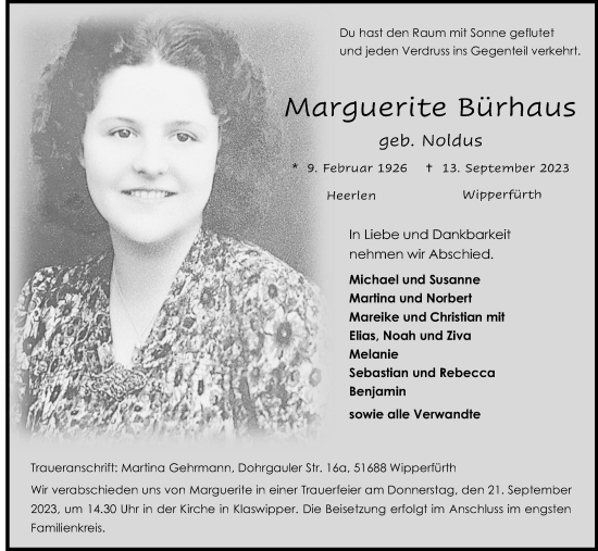 Anzeige von Marguerite Bürhaus von Kölner Stadt-Anzeiger / Kölnische Rundschau / Express