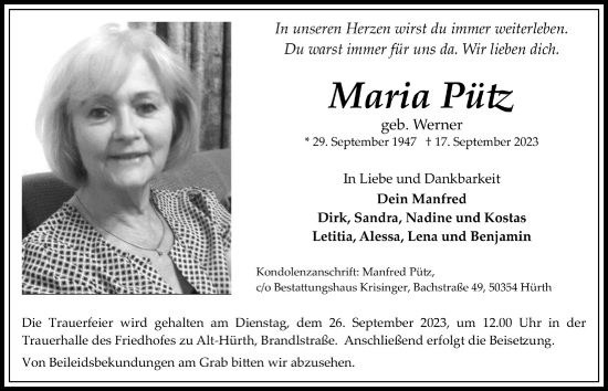 Anzeige von Maria Pütz von  Wochenende 