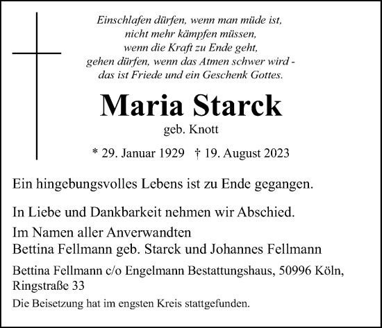 Anzeige von Maria Starck von Kölner Stadt-Anzeiger / Kölnische Rundschau / Express