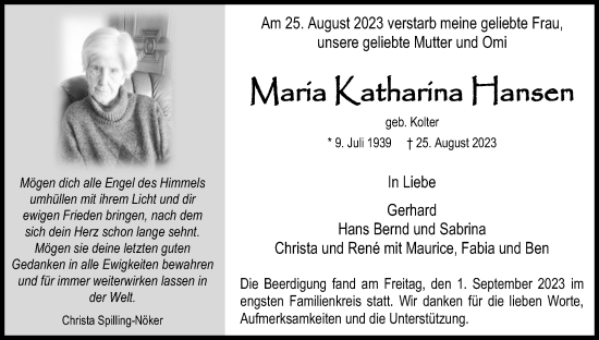 Anzeige von Maria Katharina Hansen von Kölner Stadt-Anzeiger / Kölnische Rundschau / Express