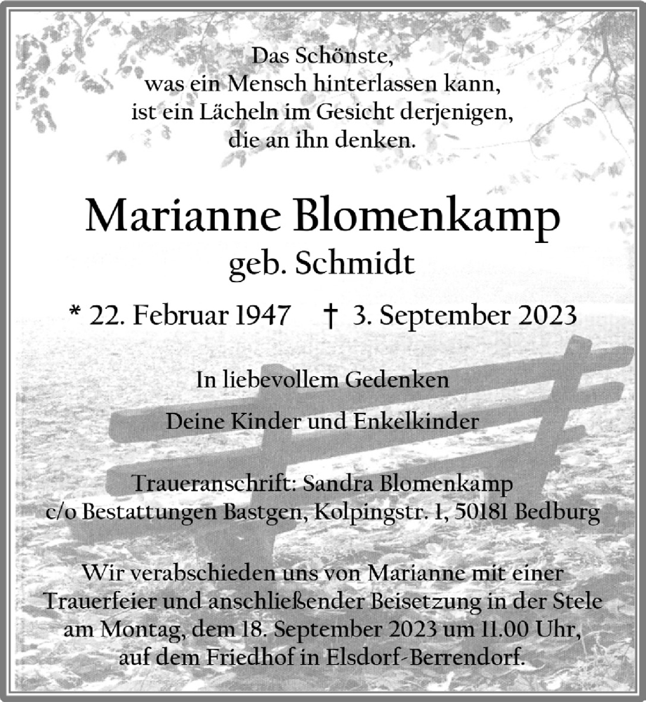  Traueranzeige für Marianne Blomenkamp vom 15.09.2023 aus  Werbepost 