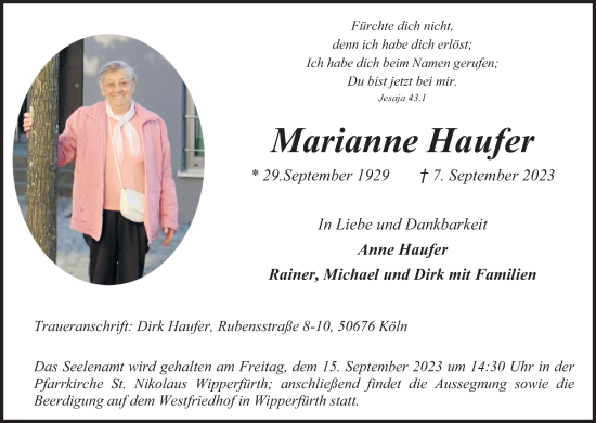 Anzeige von Marianne Haufer von Kölner Stadt-Anzeiger / Kölnische Rundschau / Express