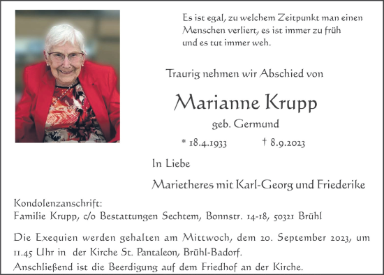 Anzeige von Marianne Krupp von  Schlossbote/Werbekurier 