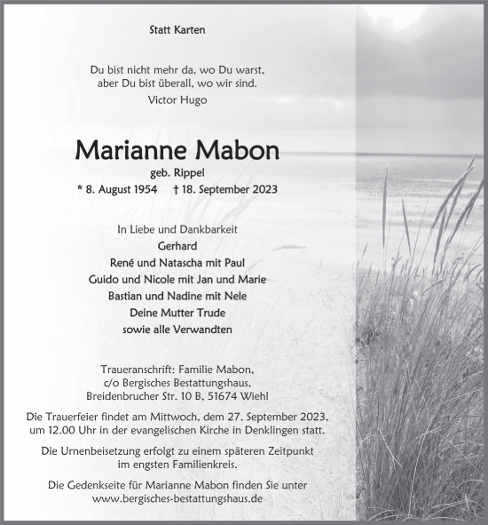 Anzeige von Marianne Mabon von  Anzeigen Echo  Lokalanzeiger 