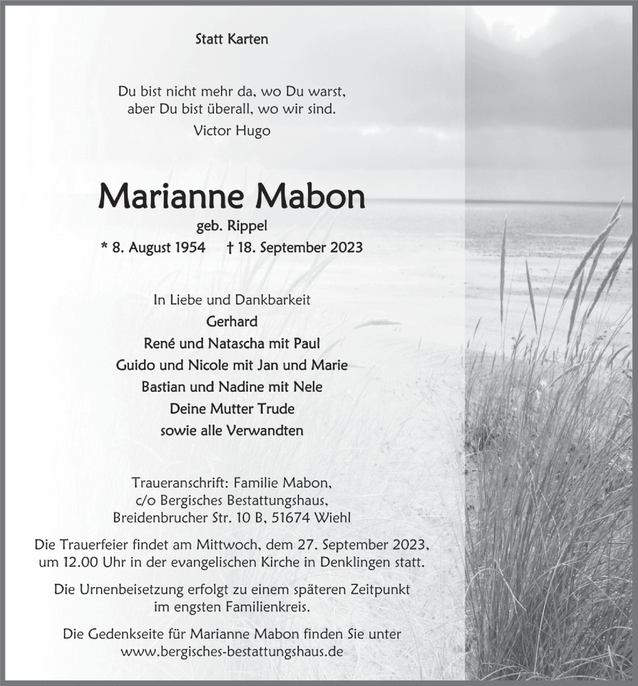  Traueranzeige für Marianne Mabon vom 22.09.2023 aus  Anzeigen Echo  Lokalanzeiger 