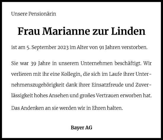 Anzeige von Marianne zur Linden von Kölner Stadt-Anzeiger / Kölnische Rundschau / Express