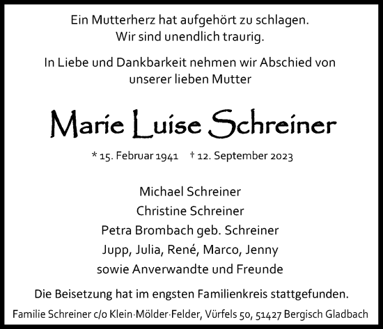 Anzeige von Marie Luise Schreiner von Kölner Stadt-Anzeiger / Kölnische Rundschau / Express