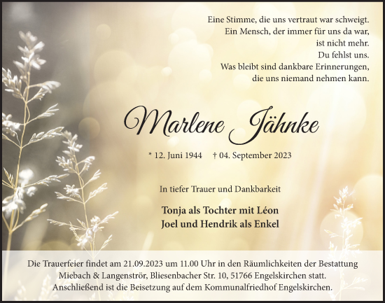 Anzeige von Marlene Jähnke von  Anzeigen Echo 