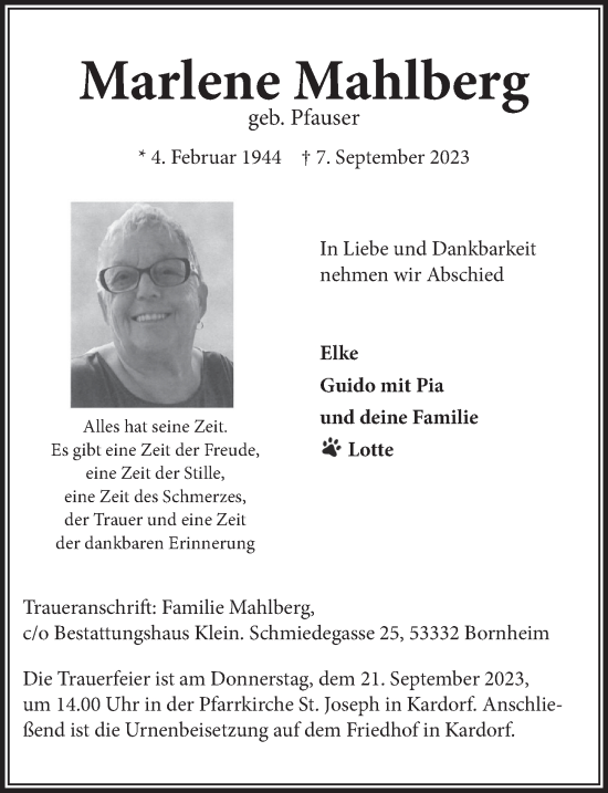 Anzeige von Marlene Mahlberg von  Schaufenster/Blickpunkt 