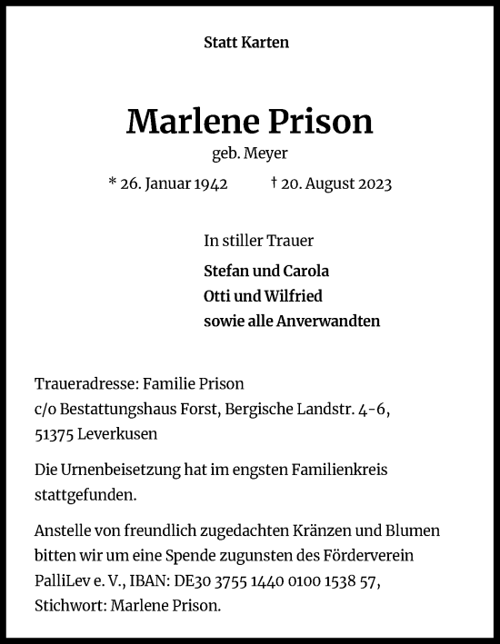 Anzeige von Marlene Prison von Kölner Stadt-Anzeiger / Kölnische Rundschau / Express