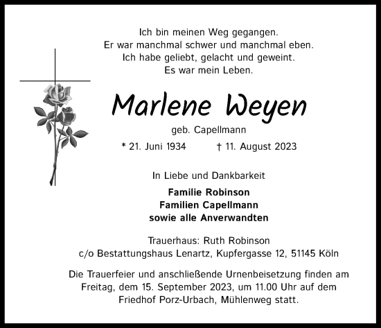 Anzeige von Marlene Weyen von Kölner Stadt-Anzeiger / Kölnische Rundschau / Express