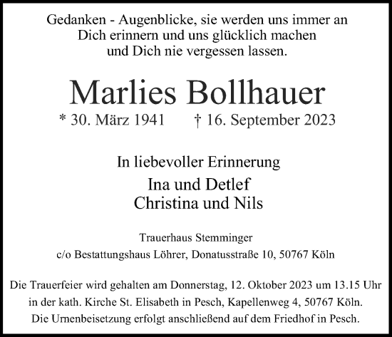 Anzeige von Marlies Bollhauer von Kölner Stadt-Anzeiger / Kölnische Rundschau / Express