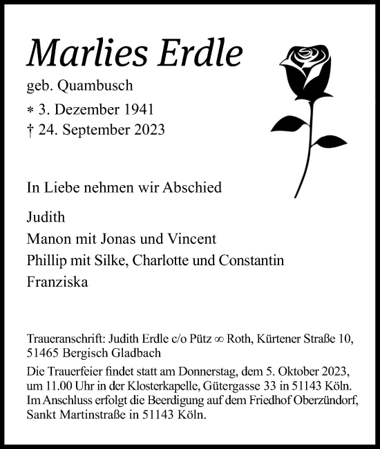 Anzeige von Marlies Erdle von Kölner Stadt-Anzeiger / Kölnische Rundschau / Express