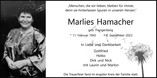 Anzeige von Marlies Hamacher von  Bergisches Handelsblatt 