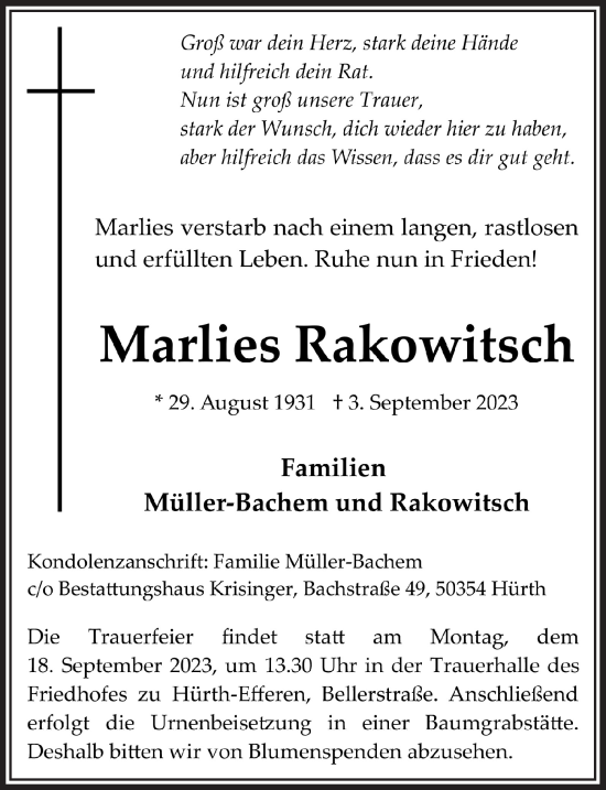 Anzeige von Marlies Rakowitsch von  Wochenende 
