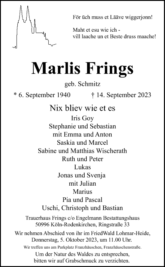 Anzeige von Marlis Frings von Kölner Stadt-Anzeiger / Kölnische Rundschau / Express