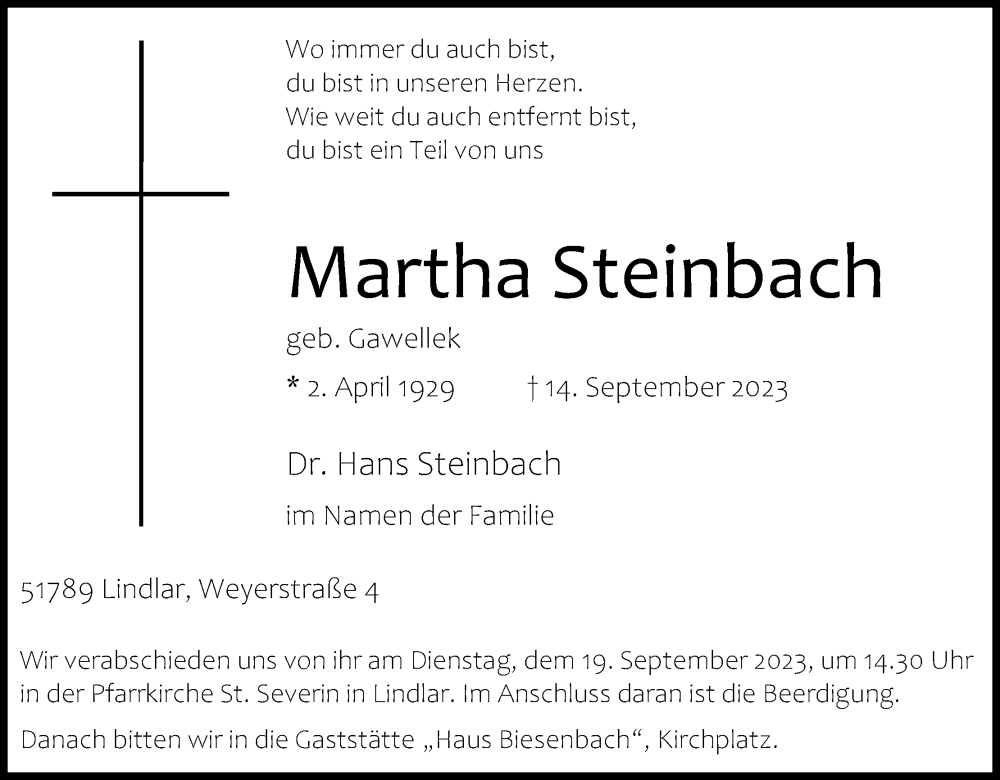  Traueranzeige für Martha Steinbach vom 19.09.2023 aus Kölner Stadt-Anzeiger / Kölnische Rundschau / Express