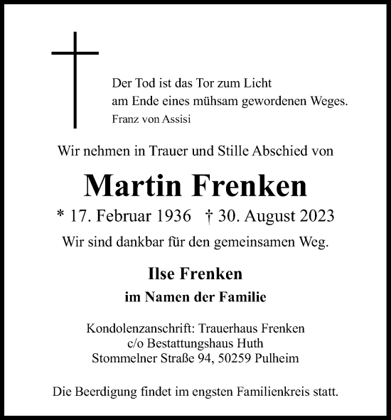 Anzeige von Martin Frenken von Kölner Stadt-Anzeiger / Kölnische Rundschau / Express