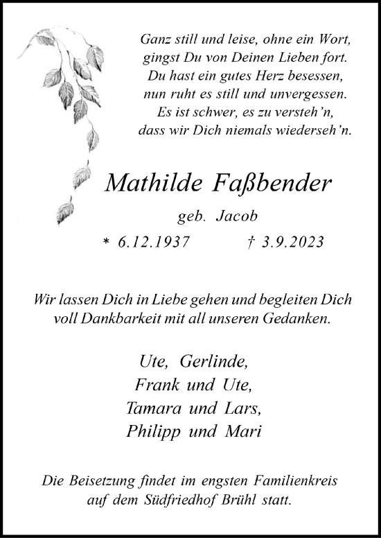 Anzeige von Mathilde Faßbender von  Schlossbote/Werbekurier 