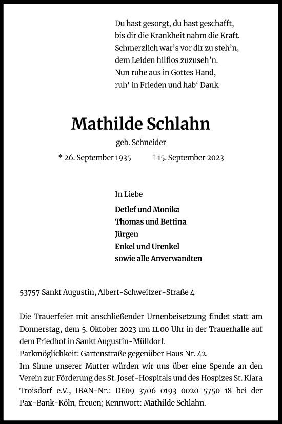 Anzeige von Mathilde Schlahn von Kölner Stadt-Anzeiger / Kölnische Rundschau / Express