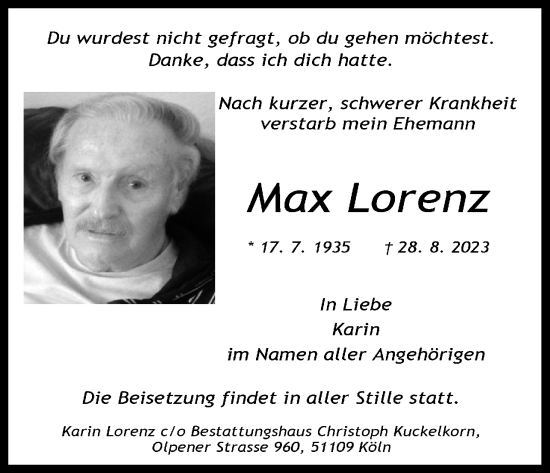Anzeige von Max Lorenz von Kölner Stadt-Anzeiger / Kölnische Rundschau / Express