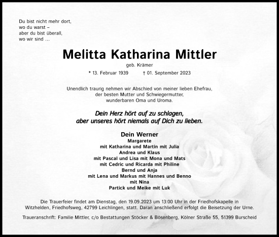 Anzeige von Melitta Katharina Mittler von Kölner Stadt-Anzeiger / Kölnische Rundschau / Express