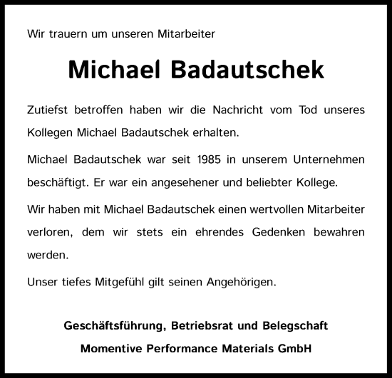 Anzeige von Michael Badautschek von Kölner Stadt-Anzeiger / Kölnische Rundschau / Express