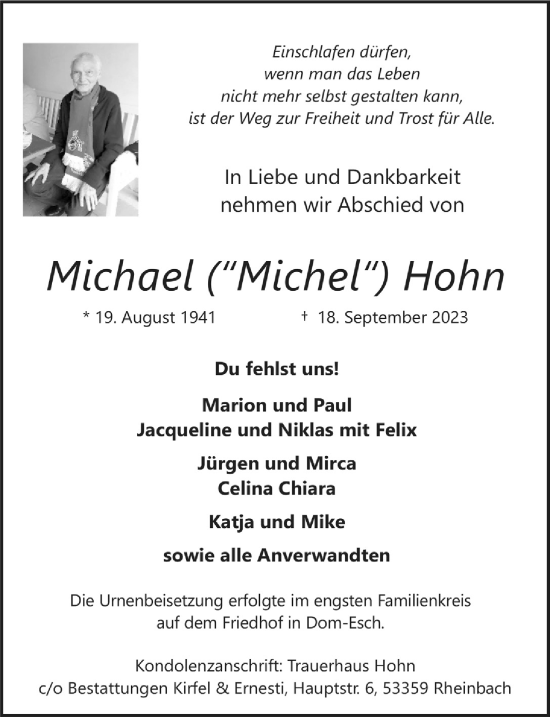 Anzeige von Michael Hohn von  Blickpunkt Euskirchen 