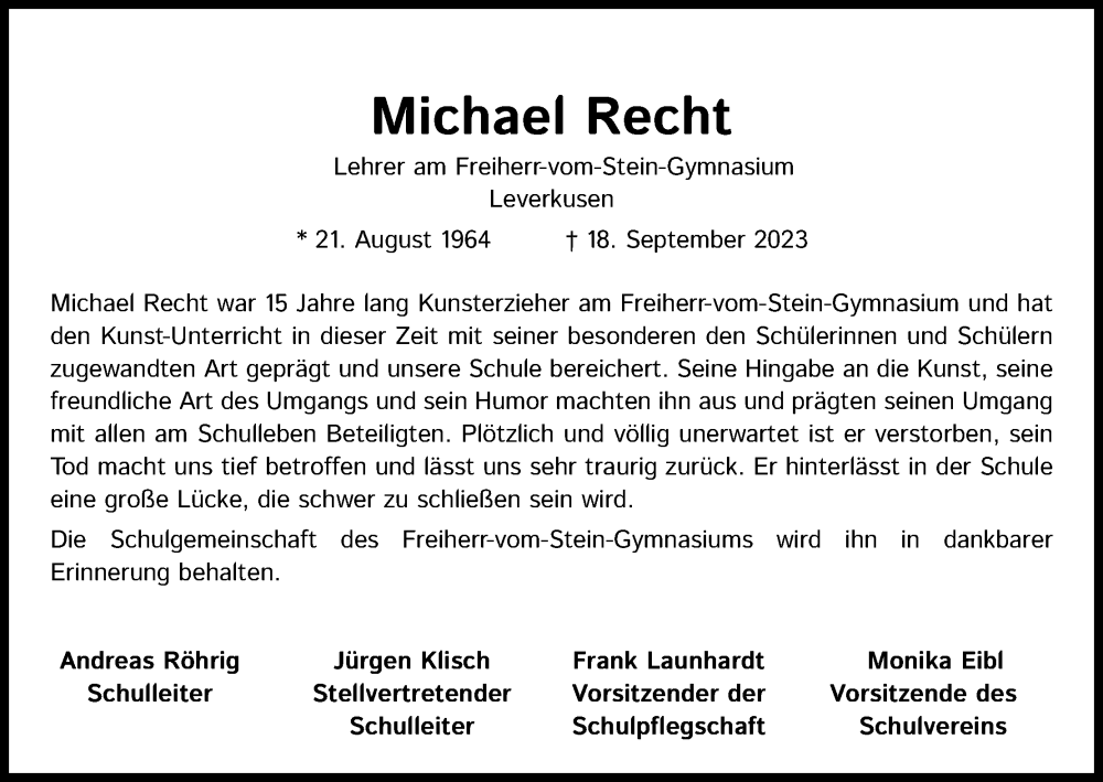  Traueranzeige für Michael Recht vom 30.09.2023 aus Kölner Stadt-Anzeiger / Kölnische Rundschau / Express