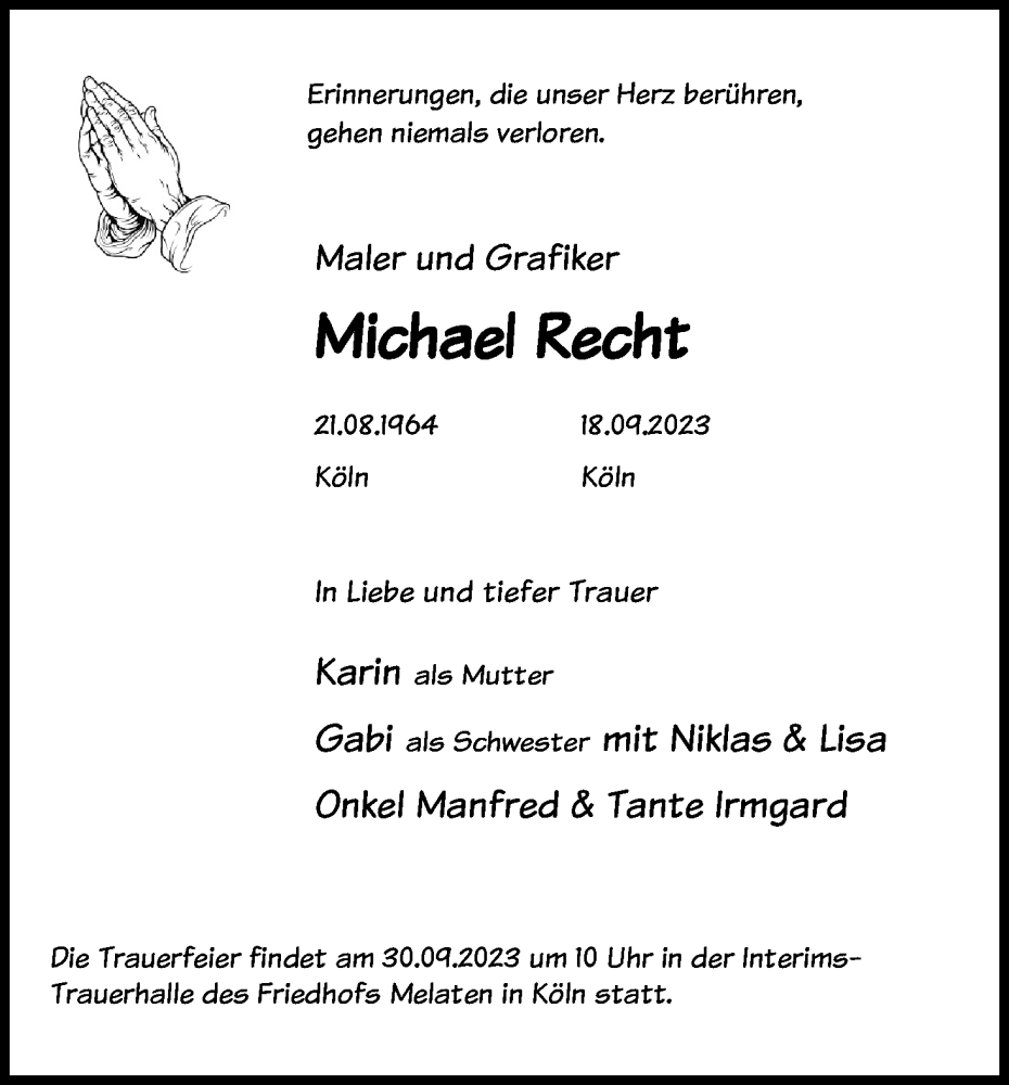  Traueranzeige für Michael Recht vom 27.09.2023 aus Kölner Stadt-Anzeiger / Kölnische Rundschau / Express