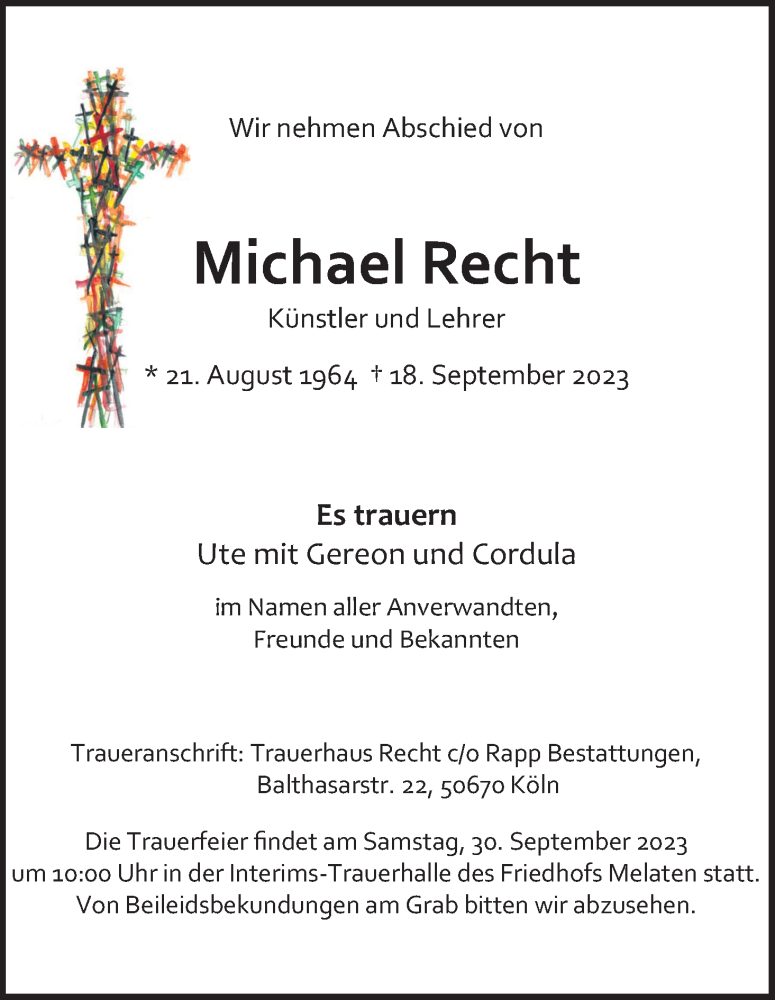  Traueranzeige für Michael Recht vom 27.09.2023 aus Kölner Stadt-Anzeiger / Kölnische Rundschau / Express