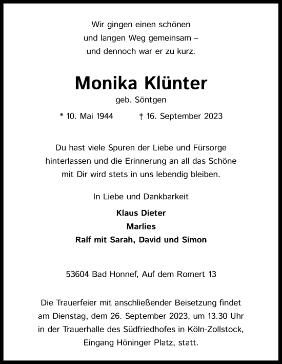 Anzeige von Monika Klünter von Kölner Stadt-Anzeiger / Kölnische Rundschau / Express