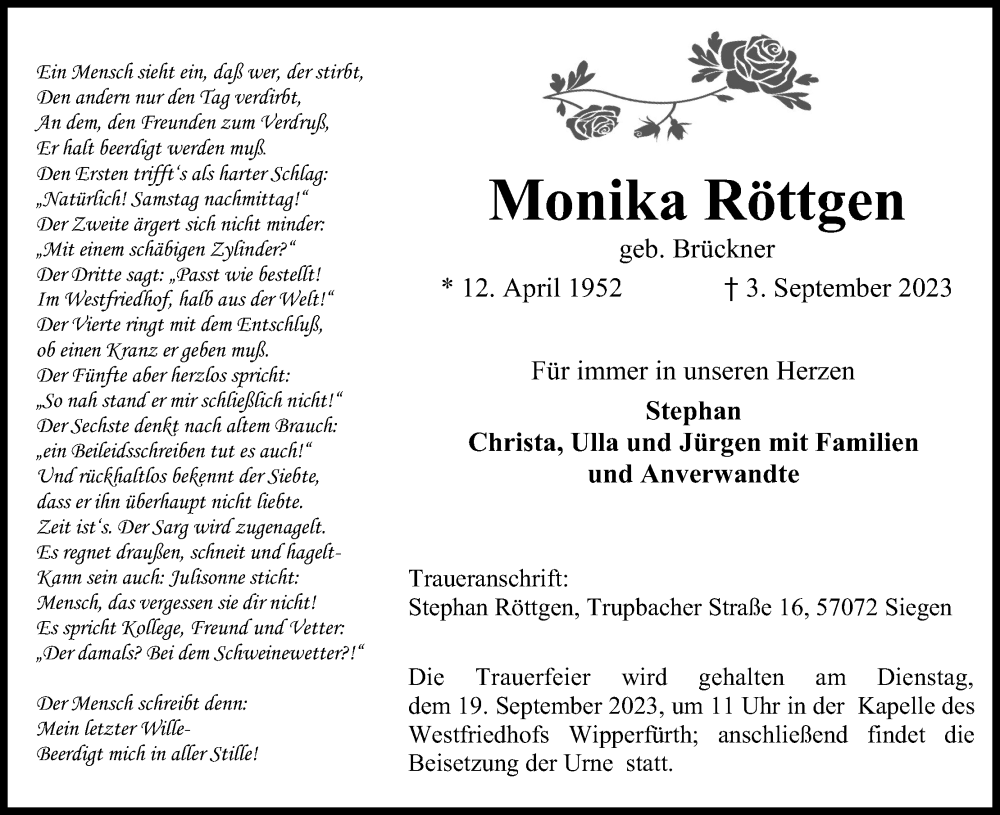  Traueranzeige für Monika Röttgen vom 16.09.2023 aus Kölner Stadt-Anzeiger / Kölnische Rundschau / Express