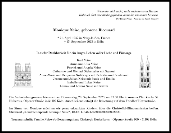 Anzeige von Monique Neise von Kölner Stadt-Anzeiger / Kölnische Rundschau / Express