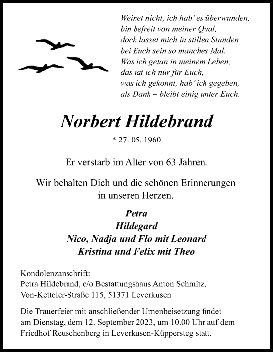 Anzeige von Norbert Hildebrand von Kölner Stadt-Anzeiger / Kölnische Rundschau / Express