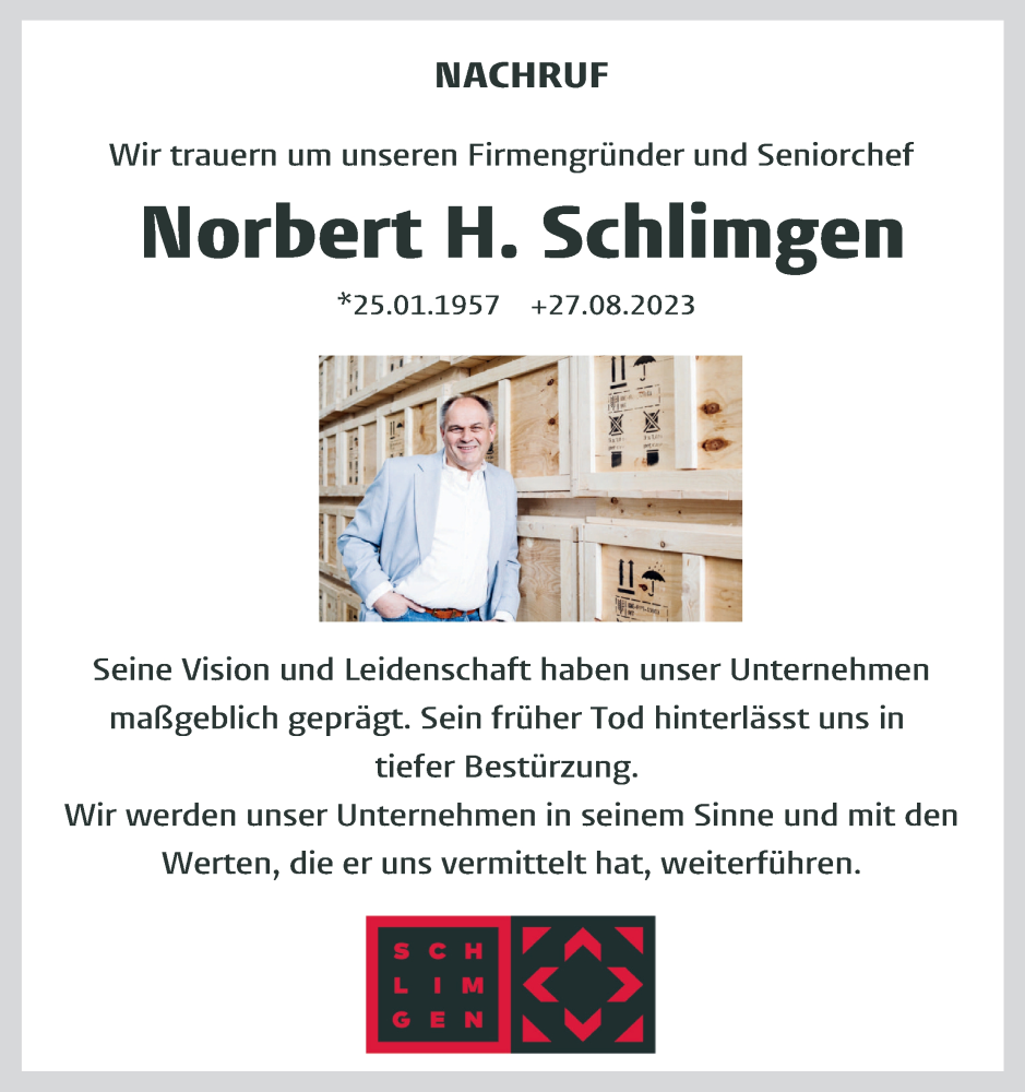  Traueranzeige für Norbert H. Schlimgen vom 02.09.2023 aus Kölner Stadt-Anzeiger / Kölnische Rundschau / Express