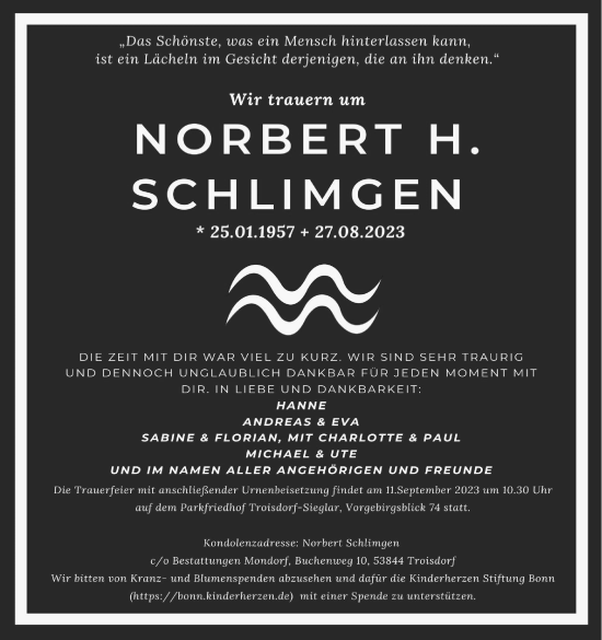 Anzeige von Norbert H. Schlimgen von Kölner Stadt-Anzeiger / Kölnische Rundschau / Express
