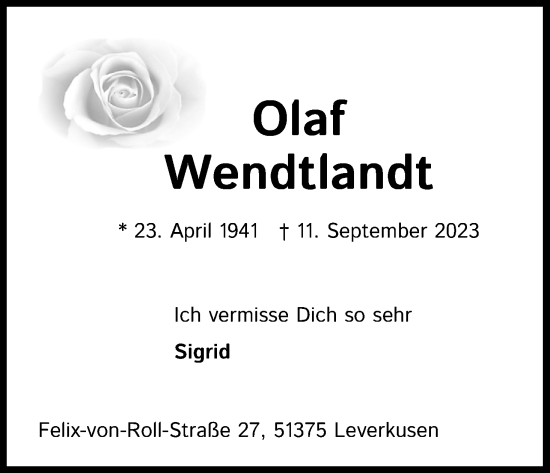 Anzeige von Olaf Wendtlandt von Kölner Stadt-Anzeiger / Kölnische Rundschau / Express