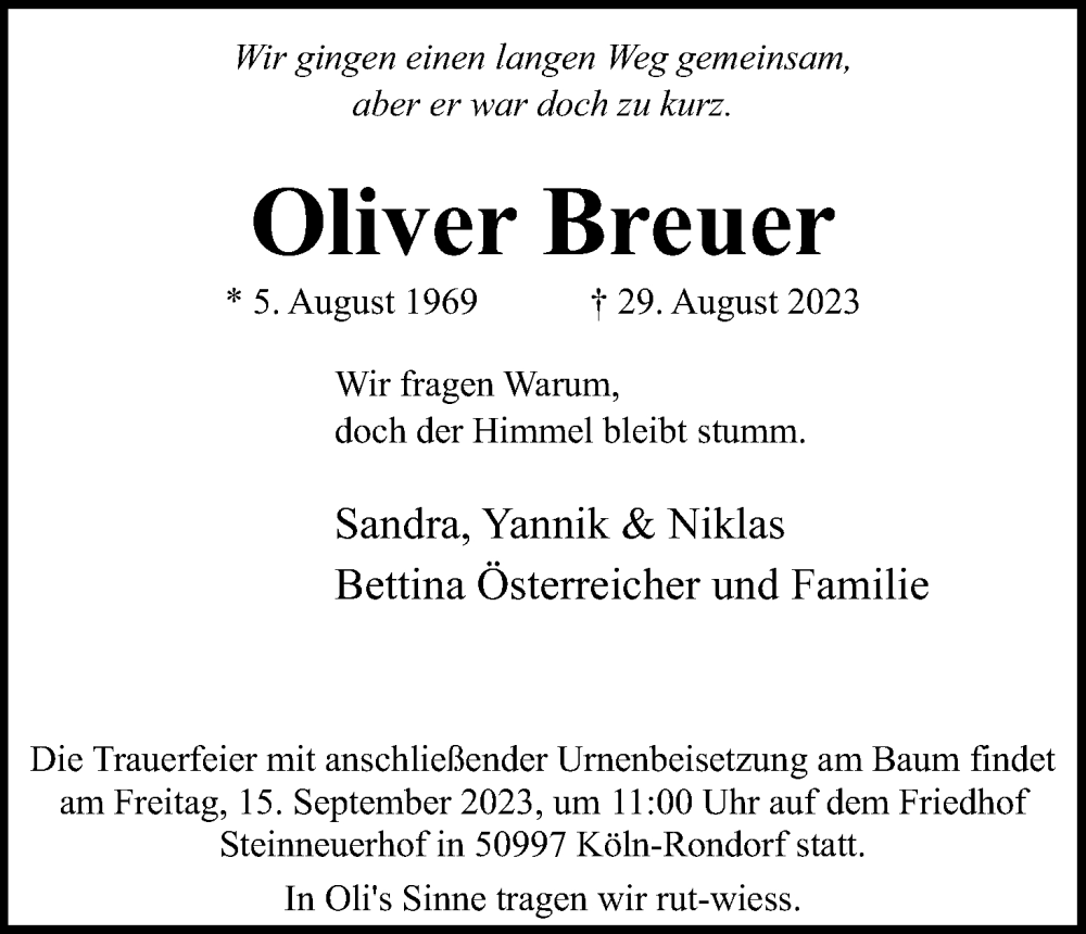  Traueranzeige für Oliver Breuer vom 06.09.2023 aus Kölner Stadt-Anzeiger / Kölnische Rundschau / Express