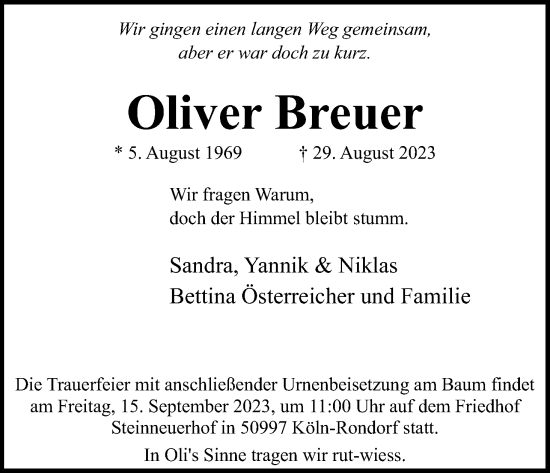 Anzeige von Oliver Breuer von Kölner Stadt-Anzeiger / Kölnische Rundschau / Express