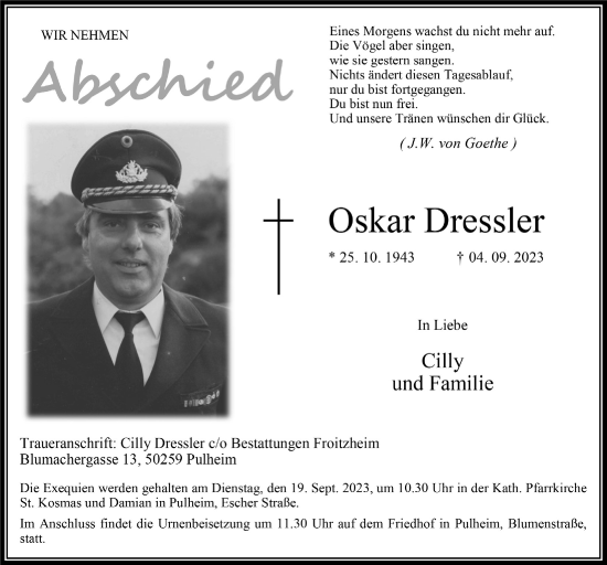 Anzeige von Oskar Dressler von  Wochenende 