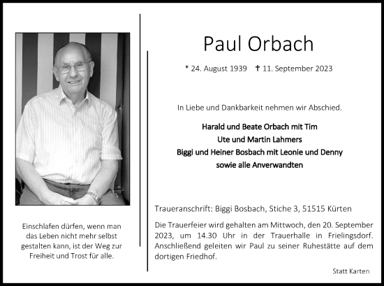 Anzeige von Paul Orbach von Kölner Stadt-Anzeiger / Kölnische Rundschau / Express