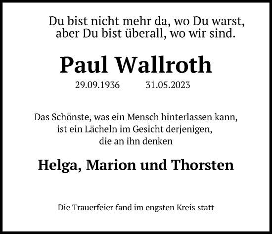 Anzeige von Paul Wallroth von Kölner Stadt-Anzeiger / Kölnische Rundschau / Express