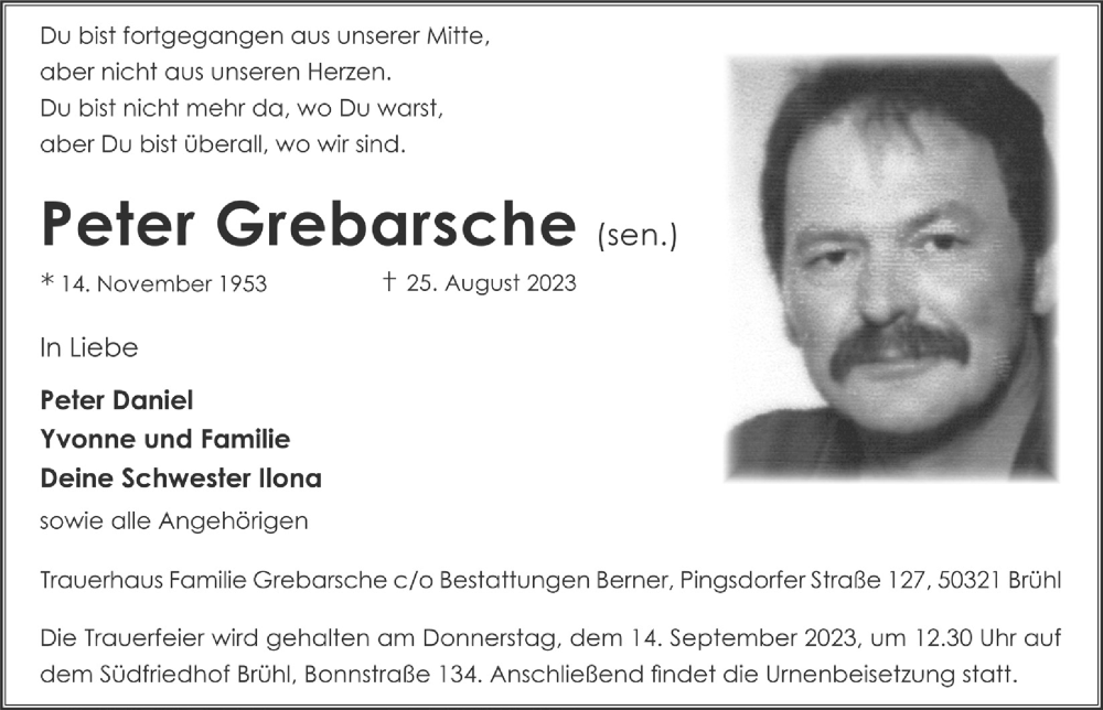 Traueranzeige für Peter Grebarsche vom 08.09.2023 aus  Schlossbote/Werbekurier 