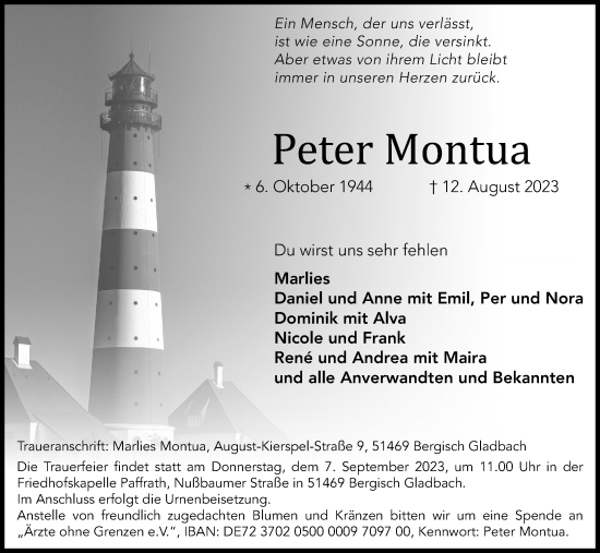 Anzeige von Peter Montua von Kölner Stadt-Anzeiger / Kölnische Rundschau / Express