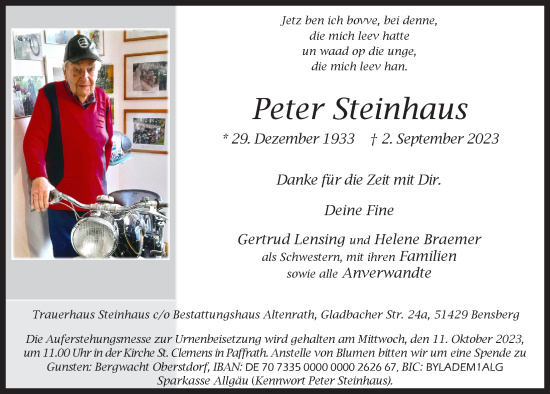 Anzeige von Peter Steinhaus von  Bergisches Handelsblatt 