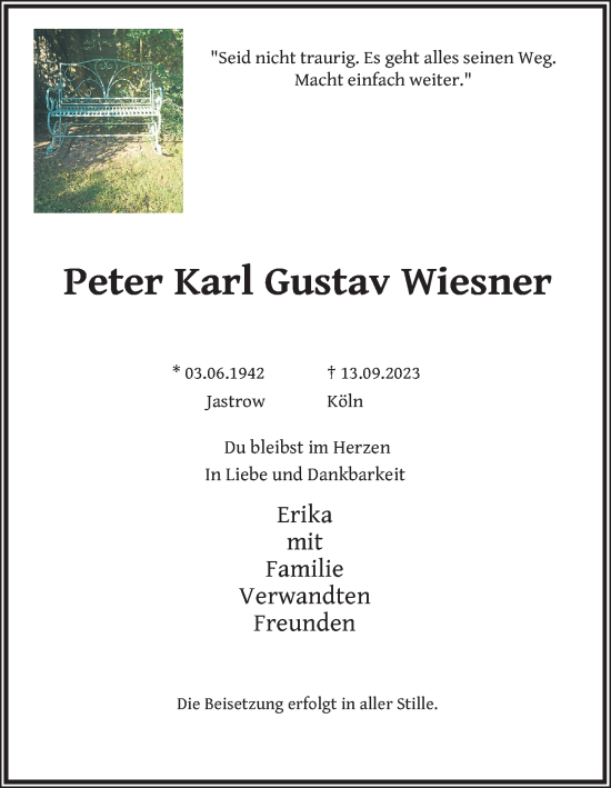 Anzeige von Peter Karl Gustav Wiesner von Kölner Stadt-Anzeiger / Kölnische Rundschau / Express