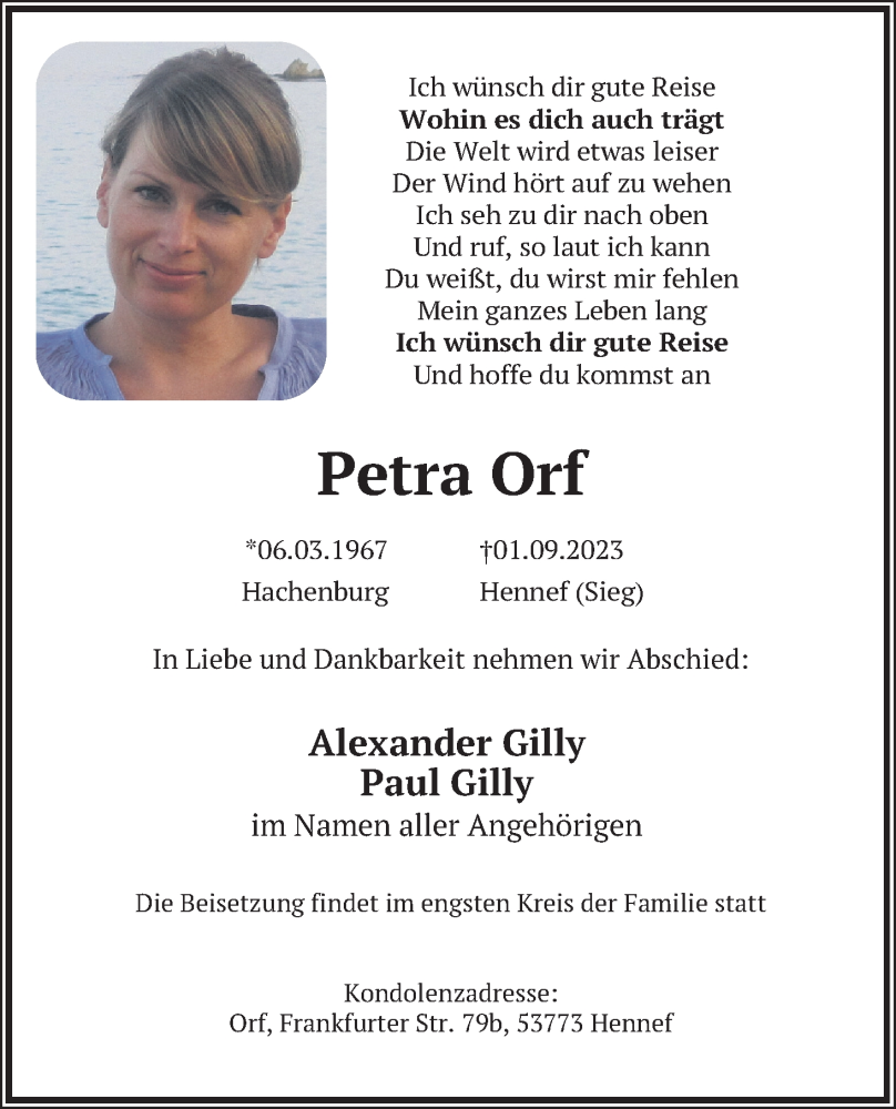  Traueranzeige für Petra Orf vom 23.09.2023 aus Kölner Stadt-Anzeiger / Kölnische Rundschau / Express