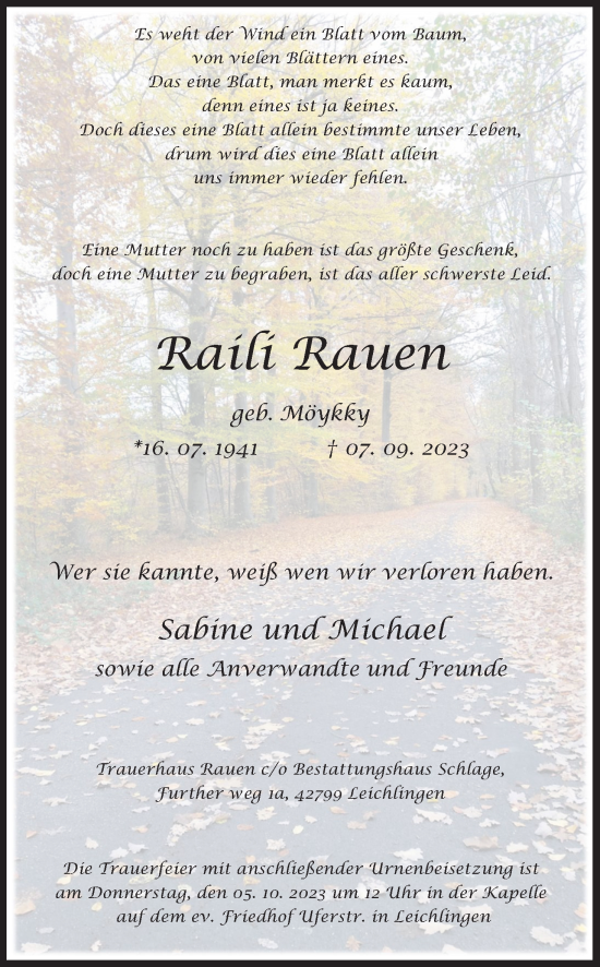 Anzeige von Raili Rauen von Kölner Stadt-Anzeiger / Kölnische Rundschau / Express