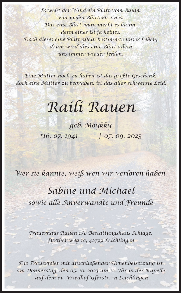  Traueranzeige für Raili Rauen vom 30.09.2023 aus Kölner Stadt-Anzeiger / Kölnische Rundschau / Express
